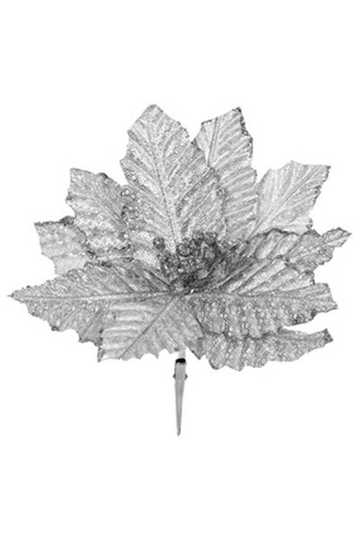 OEM Floare Decorativa de Craciun Argintie cu Glitter & Clips 21cm