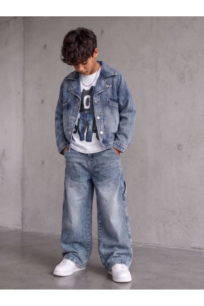 KOKOŞ BEBEK Boy's 3-Piece Set with Denim Jacket, Printed T-Shirt, Wide-Leg Pants - Age 4/12 - 31948