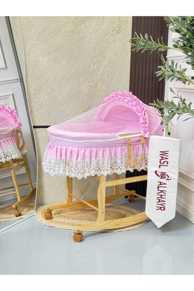 WASL ALKHAIR Moses Basket for Newborns with Wooden Stand with Wheels |   Port...