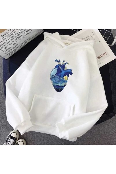 bellanova Unisex White Streetwear Oversize Hooded Casual Cotton Sweatshirt wi...