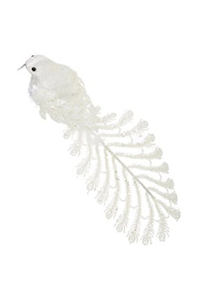 OEM Pasare Decorativa de Craciun cu Clip Coada Lunga & Glitter Alb 35x7x9cm