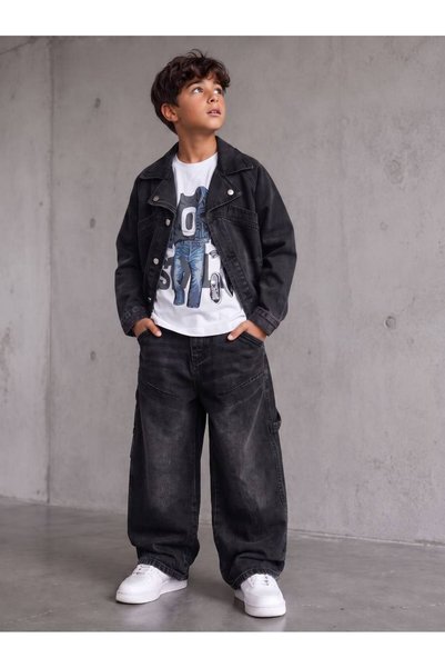 KOKOŞ BEBEK Boy's 3-Piece Set with Denim Jacket, Printed T-Shirt, Wide-Leg Pants - Age 4/12 - 31948