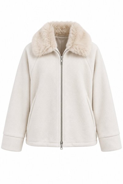 Laluvia Stone Collar Fur Zipper Coat - 9660