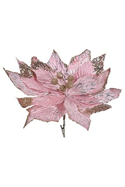 OEM Floare Decorativa de Craciun Catifelata Roz cu Glitter Paiete cu Clips 29cm