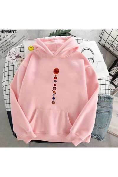 bellanova Unisex Pink 3 Thread Threaded Oversize Hooded Sweatshirt Basic Comf...