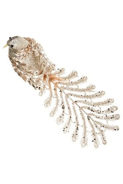 OEM Pasare Decorativa de Craciun cu Clip Coada Lunga & Glitter Bej 35x7x9cm