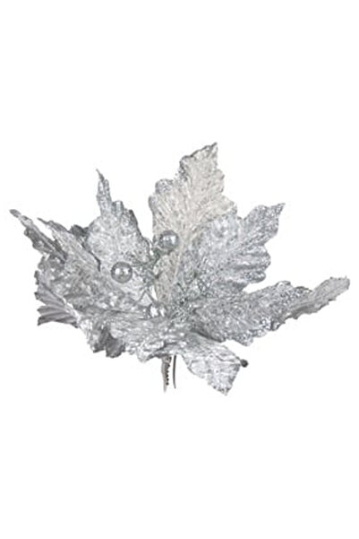 OEM Floare de Craciun Argintie cu Paiete Glitter & Clips 23cm