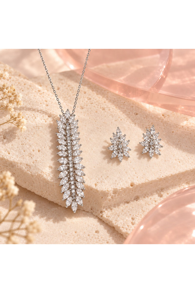 BLOOMY Marquise Crystal Cascade Necklace & Earring Set - Silver