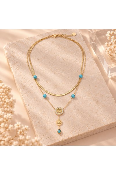 BLOOMY Turquoise Tree of Life Layered Necklace