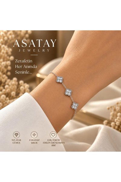 ASATAY 925 Ayar Gümüş Şans Yoncası Dört Yapraklı Yonca Bileklik Ayarlanabilir...