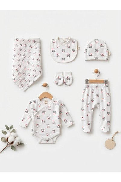 Tuembaby 7 Parça Bebek Zıbın Takımı '' I Love Dad&Mom '' Baskılı Kalpli Yenidoğan Unisex %100 Pamuk Hastane Çıkışı Body Seti