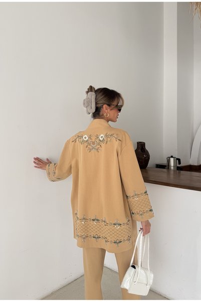 MİA NOURA Women's Gabardine Fabric with Bead Embroidery on the Back of the Sl...