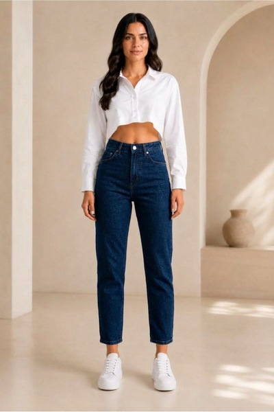 MAY JEAN Pantaloni de damă, albastru închis, elastici, stil Boyfriend Mom Jean