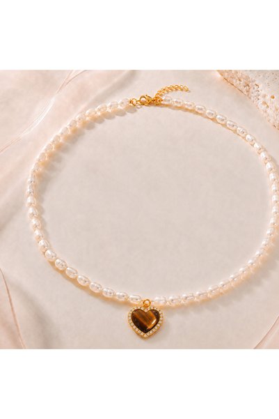 BLOOMY Pearl & Gemstone Statement Necklace - brown-heart