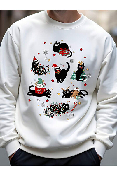 OVER HEAD Unisex Cute Kitten Christmas Printed Bisikletyaka Sweatshirt