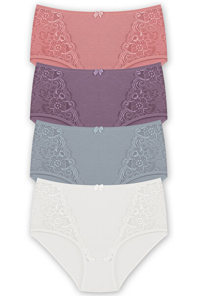 HNX Women's Cotton Lace Detailed Super High Waist Plus Size Panties 4 Pack