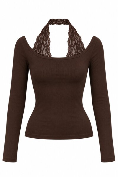 Laluvia Bluză maro cu dantelă la gât - 2y261017
