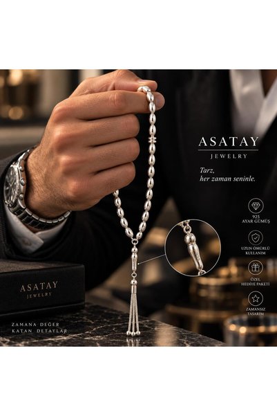 ASATAY 925 Ayar Gümüş Tesbih Sertifikalı Premium Kadife Hediye Kutusu El Yazı...