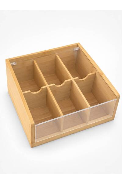 BuradaBuldun صندوق شاي خشبي من الخيزران مع 6 أقسام وغطاء شفاف لتنظيم الشاي وشاي الأعشاب 21x20x10 سم