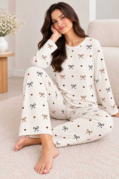 Sude HOMEWEAR Fiyonk&Kalp Desenli Kadın Basic Model Pijama Takımı