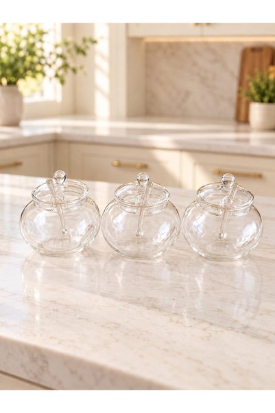 morponi 3-Piece Borosilicate Glass Round Salt and Sugar Bowl with Spoon and Lid 350 ml Mira