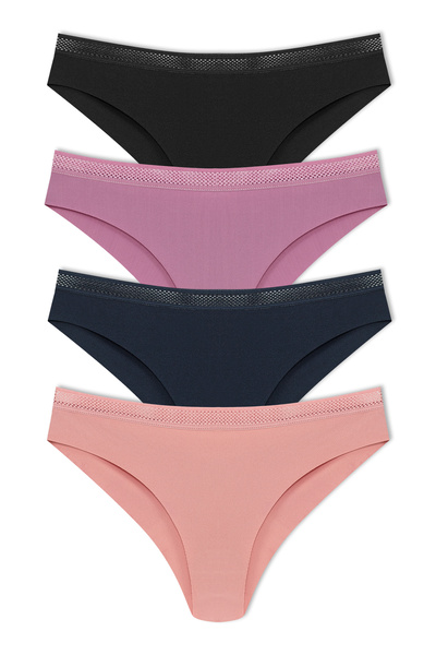 HNX Women's Interlock Laser Cut Honeycomb Elastic Brazilian Panties 4-Pack