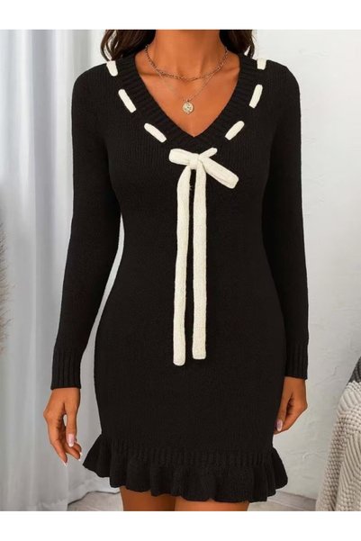Generic Brand Women's long sleeve v-neck lace-up collar short knit dress