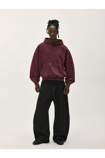 HAI COLLECTİON Unisex Oversize Hooded Sweatshirt Acid Washed 3 Thread Burgund...