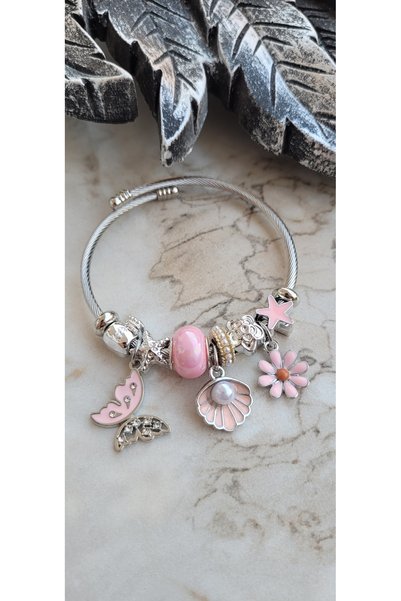 YİĞİTKARANAKSESUAR Steel Pink Charm Bracelet – with Mother-Of-Pearl, Butterfl...
