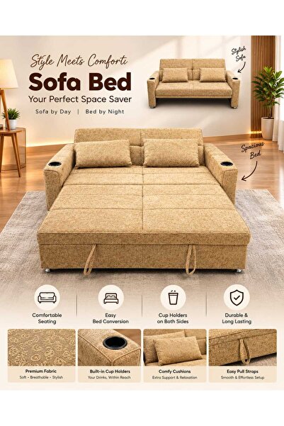 TrentonGCC Multifunctional 2-Seater Sofa Bed with Built-in Cup Holders, Flexi...