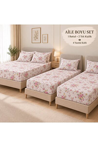 Pamuku Family Size 3-Piece Floral Elastic Sheet Set - 1 King Size, 2 Single S...