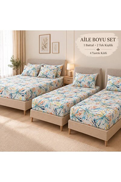 Pamuku Family Size 3-Piece Floral Elastic Sheet Set - 1 King Size, 2 Single S...