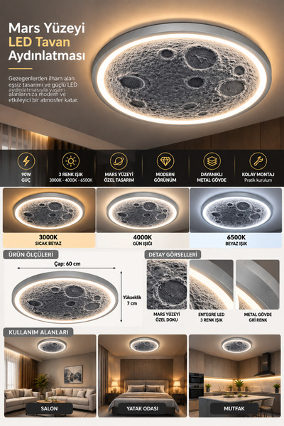 Avize Mars Yüzeyi Desenli LED Tavan Avizesi 60 cm 90W 3 Renk 3000K 4000K 6500...