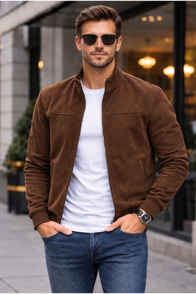 DYNAMO Men's Brown Suede Zippered Stand Collar Coat