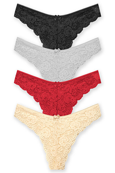 HNX Women's Lace High Waist Brazilian Cut Slip Panties 4 Pack