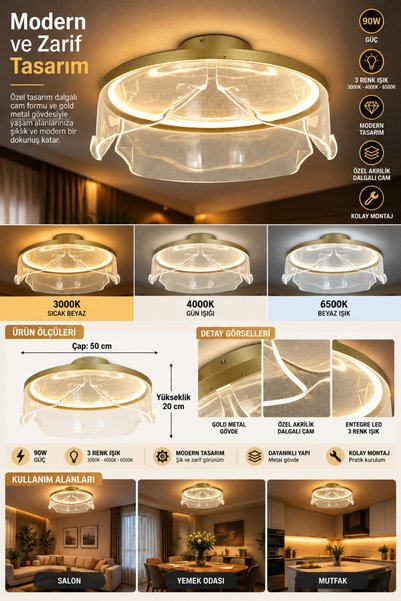 Avize Modern Gold LED Tavan Avizesi 50 cm 90W 3 Renk 3000K 4000K 6500K Dalgal...