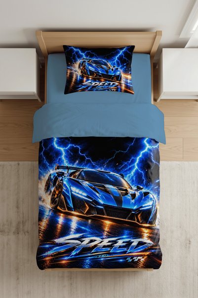 Luvis Store Blue Lightning Race Car Patterned Single Boy's Duvet Cover Set - with Sheets