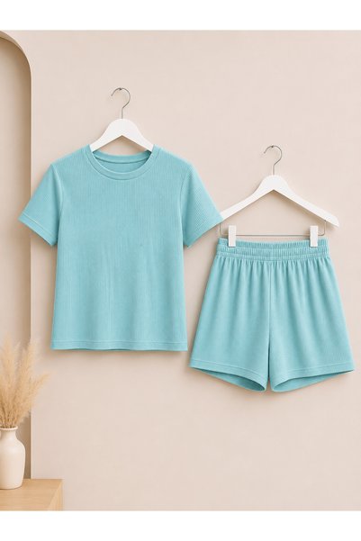 Hepsi Moda Ribbed Short Sleeve Shorts Set - Hpm - Water Green