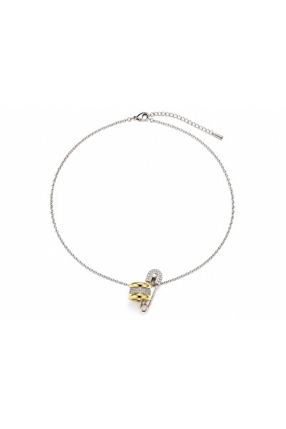 Generic Brand Necklace with safety pin pendant and clear zircons, gilded/silv...