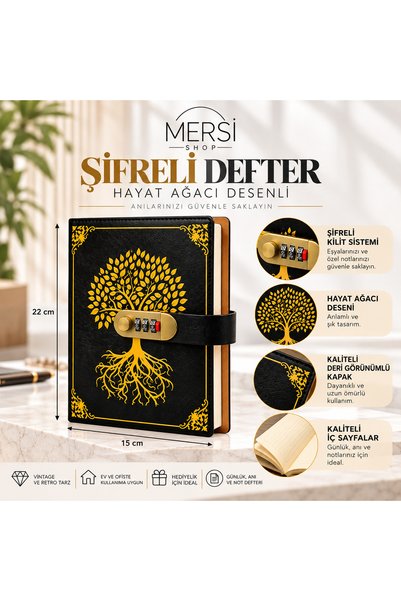 Mersi SHOP Şifreli Hayat Ağacı Desenli Deri Görünümlü Defter 22x15 cm Vintage...