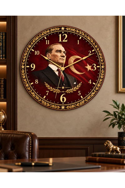 AA Shop Atatürk Temalı 45 Cm Ahşap Sessiz Akar Mekanizmalı UV Baskılı Dekoratif Duvar Saati Hediyelik 1096