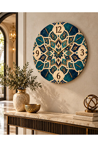 AA Shop Ceas de perete decorativ din lemn cu motiv etnic otoman, 45 cm, cu me...