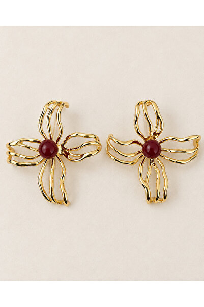 FloresDeCarnaval Burgundy Stone Gold Flower Earrings – Large Model Geometric Design Showy Women's Earrings