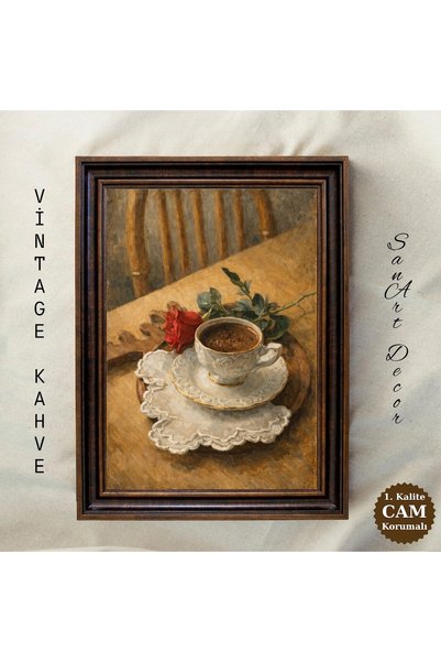 Sanart Kahve Fincanı ve Kırmızı Gül Çerçeveli Vintage Tablo, Yağlı Boya Baskı...