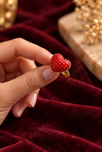 laria jewelry Embossed Detailed Heart Model Red Adjustable Ring