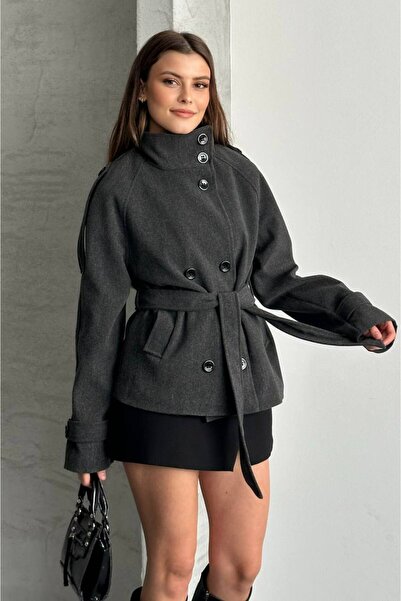 Bella Breeze Women's Stand Collar Belted Cashmere Jacket Double Button Short ...