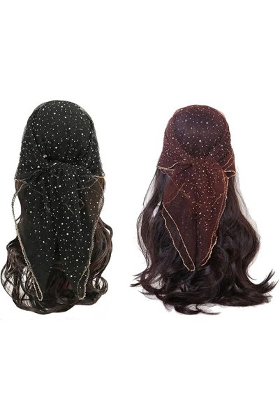 Generic Elegant Sparkle Women's Head Scarf Set, Black and Brown Sheer Mesh wi...