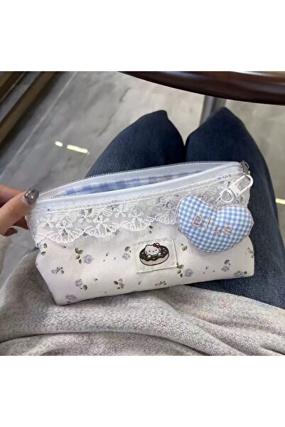 synshop Cute Cat Hello Kitty Floral Lace Heart Multi-Compartment Pencil Case – Large Capacity Zippered Organizer Pen Holder