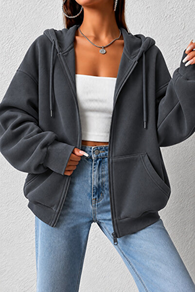 POV Unisex Füme Oversize Fermuarlı Kapüşonlu 3 İplik Hırka