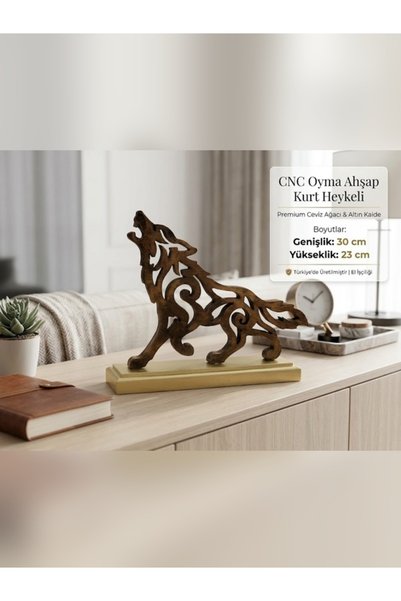 BOZKURT CNC CNC Oyma Ahşap Kurt Heykeli – Ceviz Ağacı Görünümlü Dekoratif Bib...